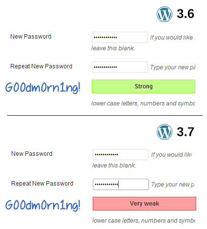 Password "G00dm0rn1ng!" strength meter comparison
